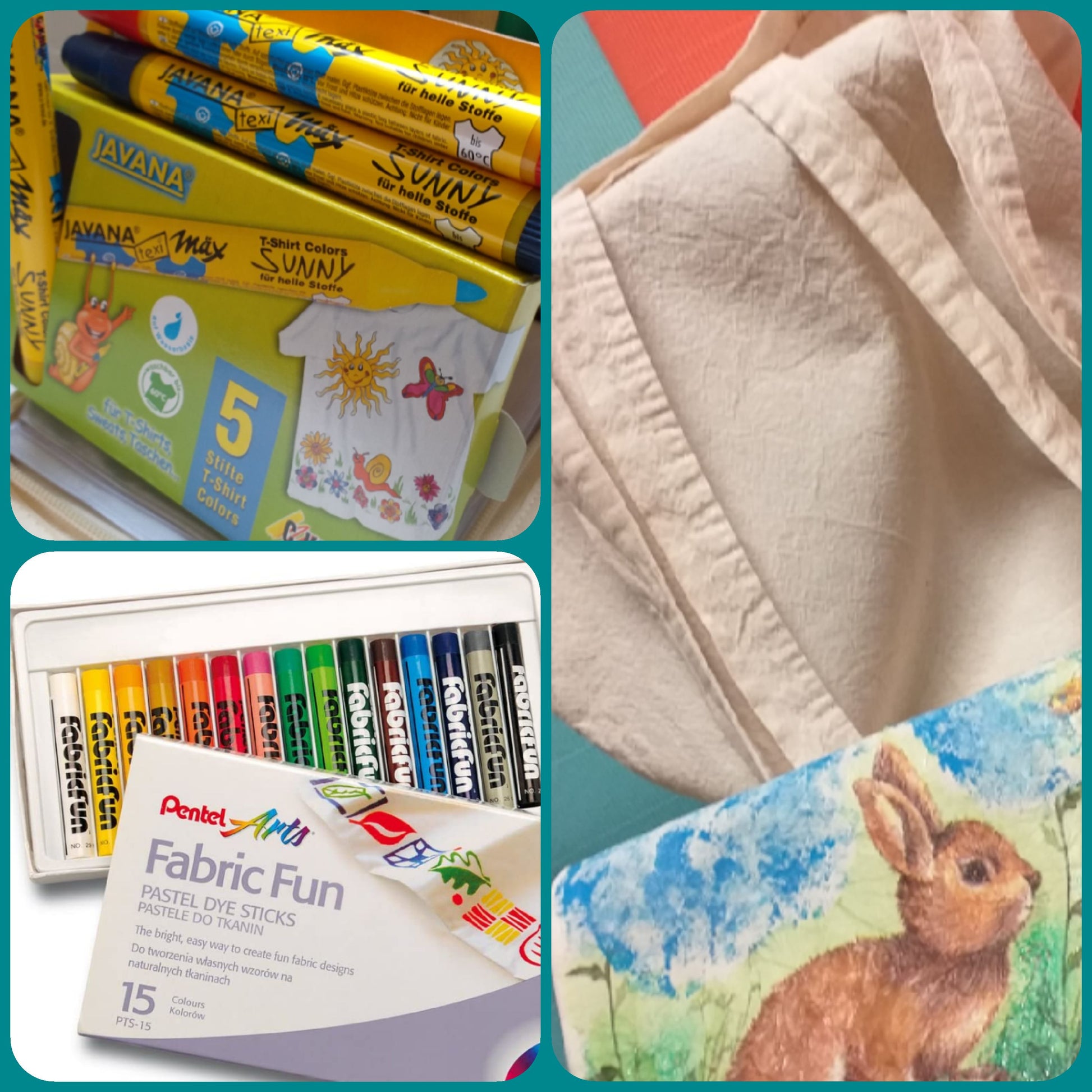 borsa shopping cotone stoffa chiaro e kit pennarelli Kreul o Pentel Arts Fabric Fun pastelli a cera 15 colori per tessuto uso dipingere magliette scarpe sacchetti t-shirt per bambini creativi hobby colorare