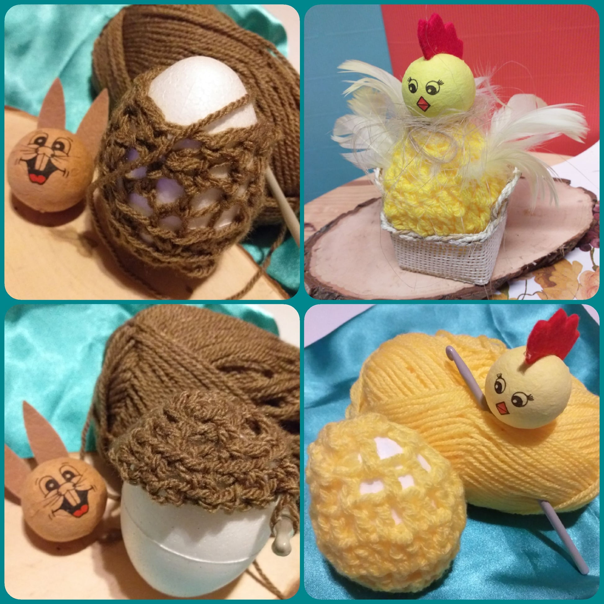 come creare animaletti uncinetto amigurumi con lana economica in offerta, idea sferruzzare coniglietto pasquale e pulcino su base uovo polistirolo