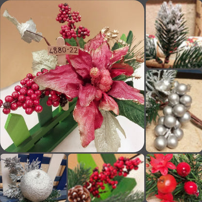 mela uva bacche rosse pigne frutta fiori stella di Natale foglie brillantini chiudipacco regalo pick rami artificiali uso fai da te composizioni floreali miste artificiali centrotavola ghirlande fuoriporta natalizie packaging