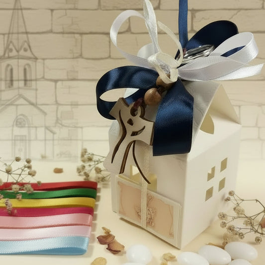 confettata scatoline casetta chiesetta bomboniere Prima Comunione Santa Cresima portachiavi Croce tau legno personalizzate blu confezionate confetti uso ricordini sacri religiosi maestre catechiste