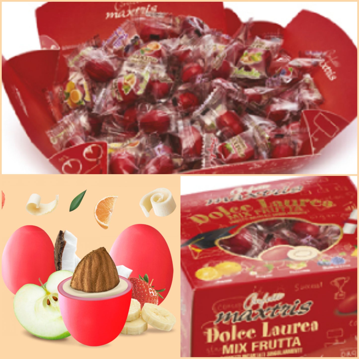 5 gusti frutta confetti rossi vassoio Maxtris dolce laurea incartati singolarmente bustina confezionati cadeaux