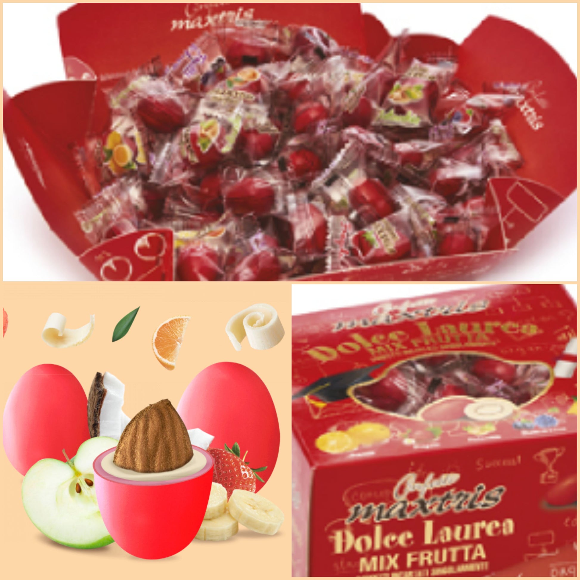 5 gusti frutta confetti rossi vassoio Maxtris dolce laurea incartati singolarmente bustina confezionati cadeaux