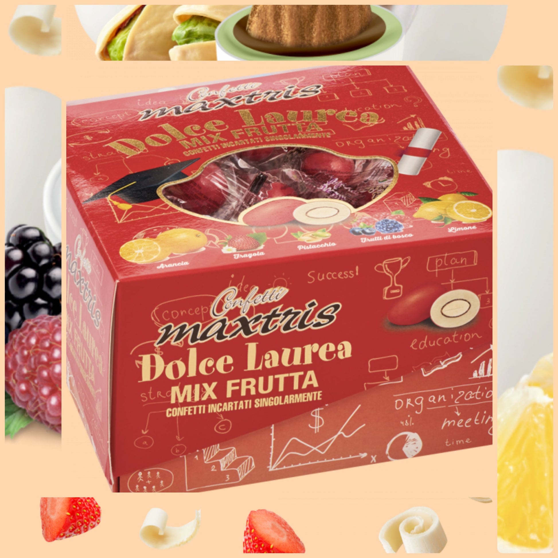 Confetti Maxtris Dolce Laurea mix frutta incartati singolarmente confezionati vassoio cadeaux 5 gusti cioccolato mandorla