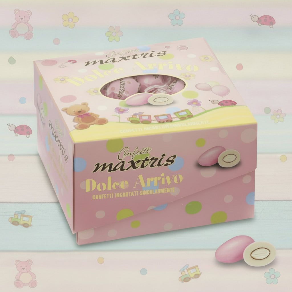 dolce arrivo rosa maestri confettieri vassoio cesto scatola 500 g circa 90 confetti maxtris rosa bimba incartati singolarmente 1 ad 1 bustina sigillata monoporzione ciocomandorla tostata uso confettata nascita babyshower battesimo
