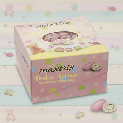 dolce arrivo rosa maestri confettieri vassoio cesto scatola 500 g circa 90 confetti maxtris rosa bimba incartati singolarmente 1 ad 1 bustina sigillata monoporzione ciocomandorla tostata uso confettata nascita babyshower battesimo