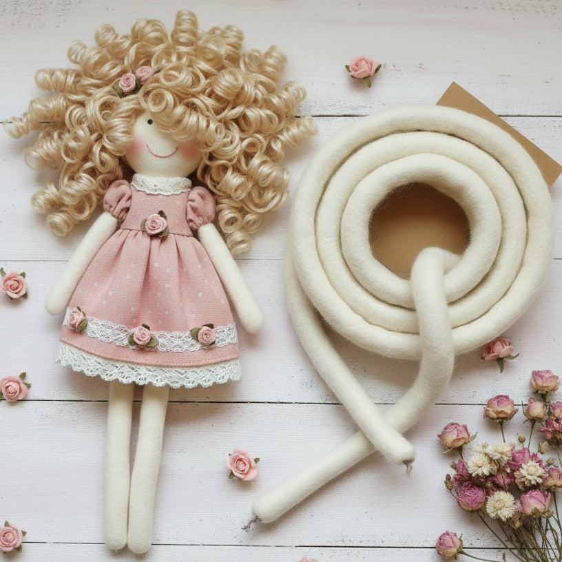 modellare corda cordone di lana feltro bianca uso fai da te gambe braccia bambole di stoffa pezza gnomo natale bamboline pigotte tessuto fiorellini