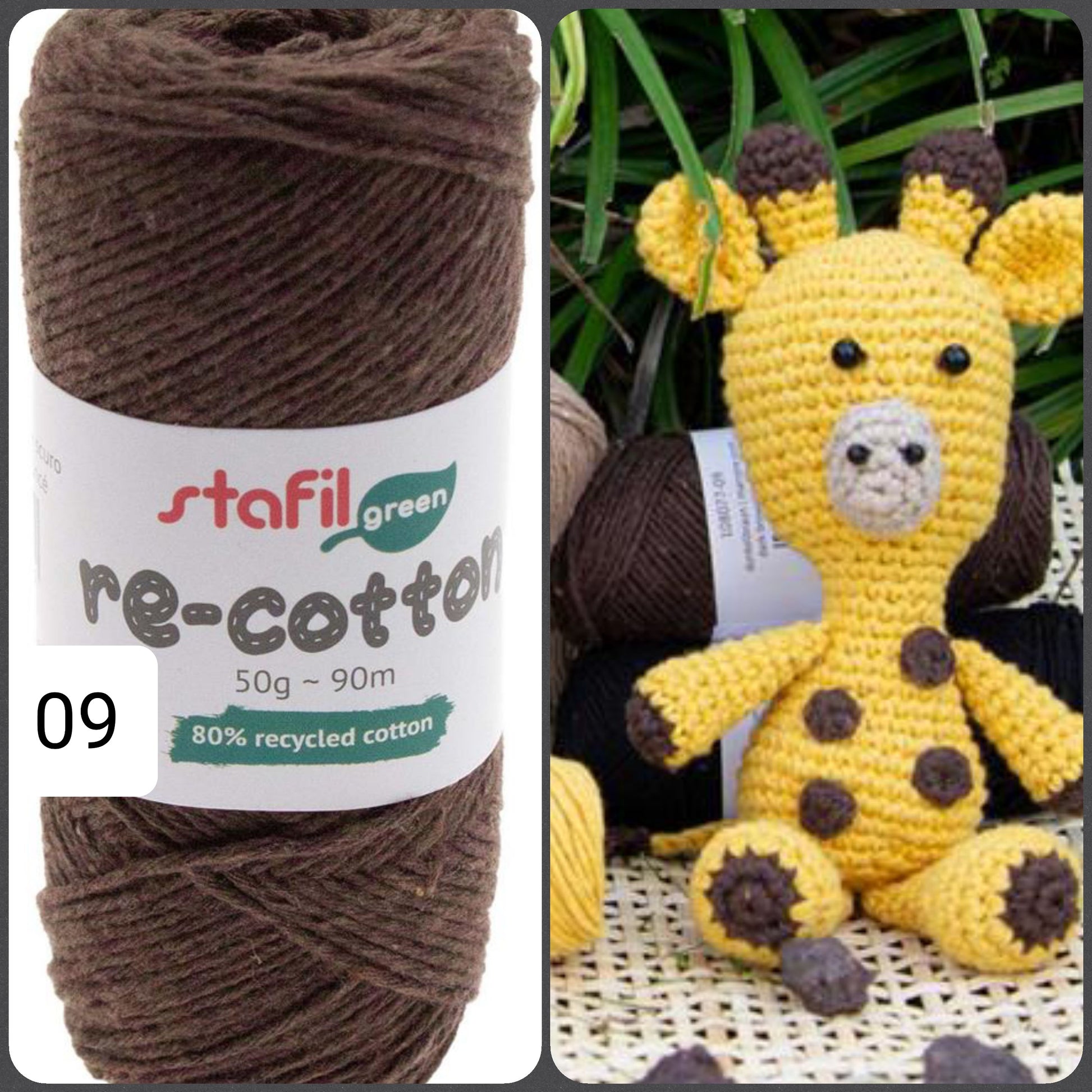 colore marrone scuro giraffa idee bambole di amigurumi con cotone riciclato re-cotton stafil green filato biologico ecologico ad uso uncinetto e lavori a maglia cestini tappeti