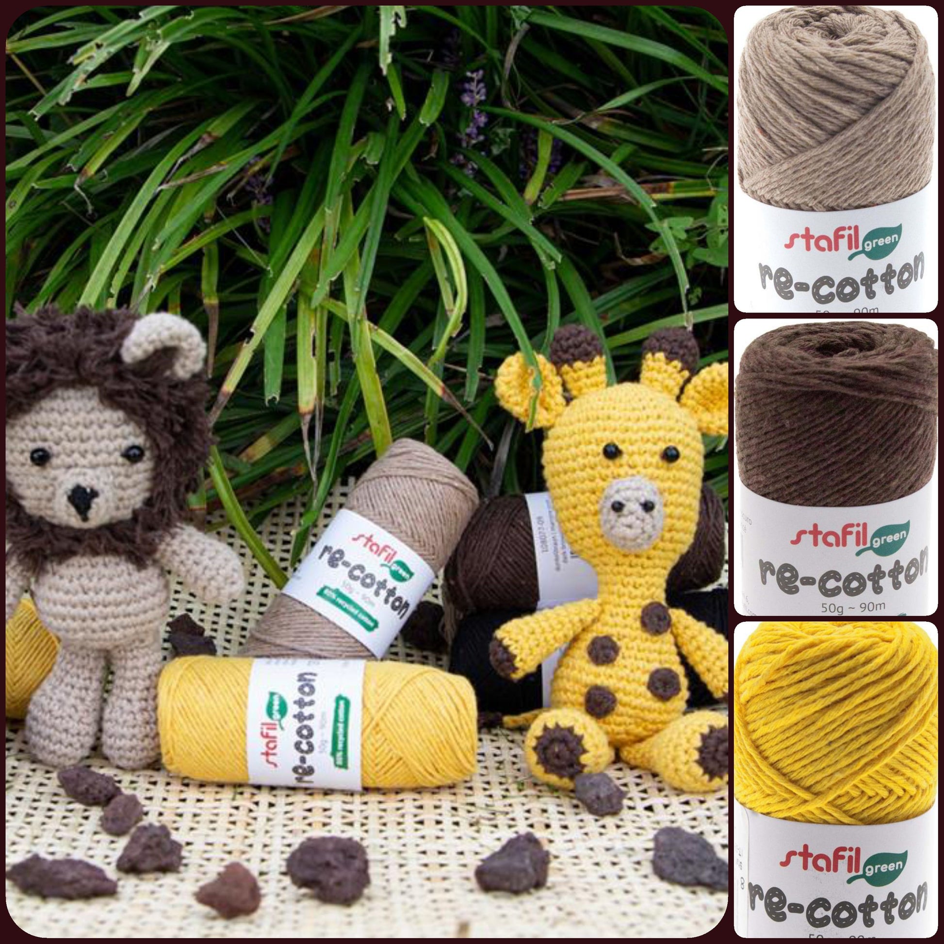 vetrina creare bambole di amigurumi leoncino giraffa con cotone riciclato re-cotton stafil green filato biologico ecologico marrone scuro cammello giallo ad uso uncinetto e lavori a maglia cestini tappeti