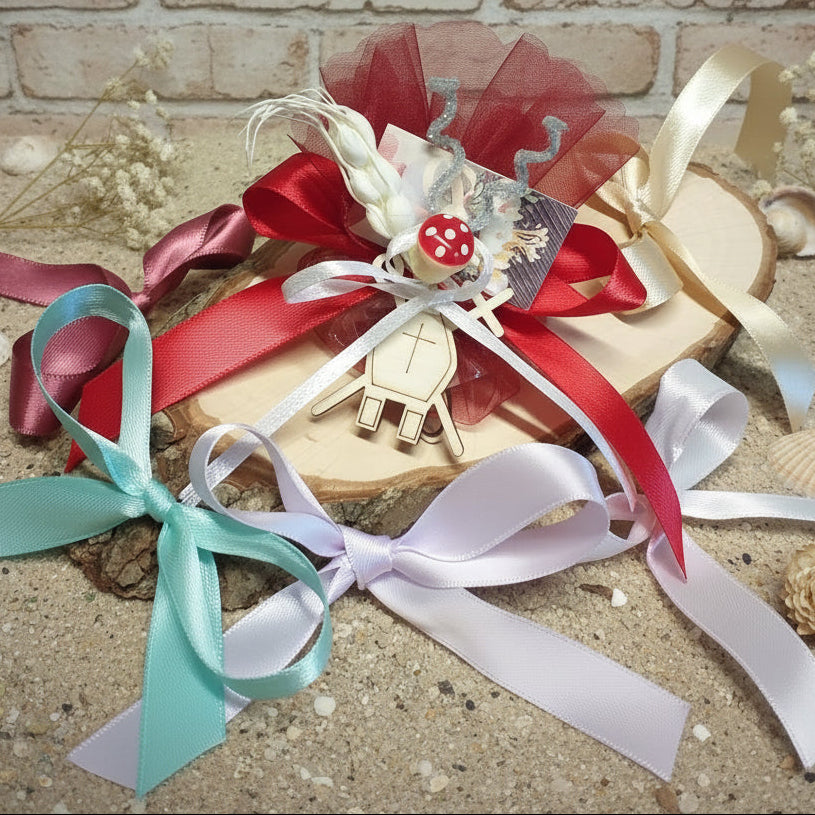 sacchettino Cresima Santo Giorno Comunione rosso cardinale ciondolo legno applicazione Mitria pastorale vescovile bigliettino coccarda bouquet spiga composizione floreale con simboli confezionato confetti