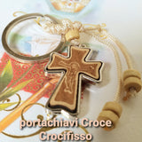 Gesù Crocifisso portachiavi legno metallo corda perline ricordino di Croci per bomboniere sacre religiose Prima Comunione Cresima
