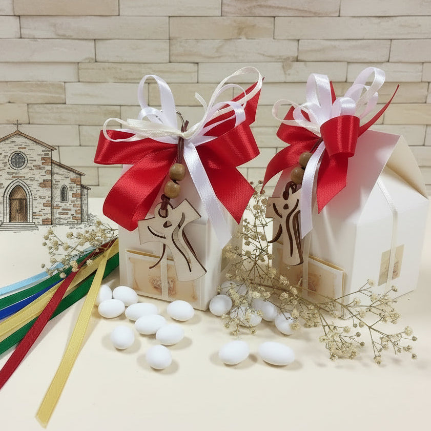 scatolina casetta Comunione Cresima con portachiavi Croce legno Tau francescano confezionata confetti colori rosso bianco bigliettino simboli ricordini sacri religiosi pensierini segnaposto e regalini maestre catechiste
