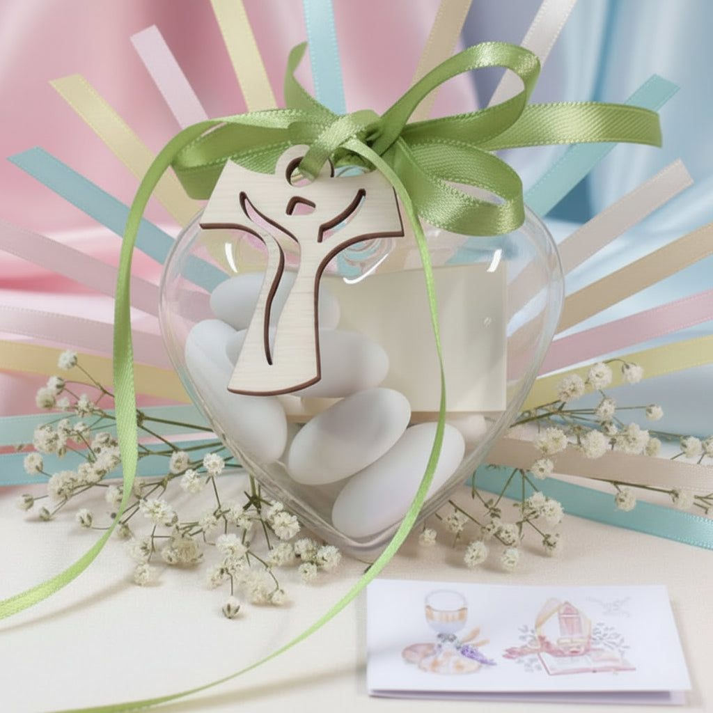 ciondolo legno Tau Croce cuore bomboniere plastica trasparente divisibile portaconfetti Cresima confettata Comunione bimbo bimba nastro verde o altri a scelta