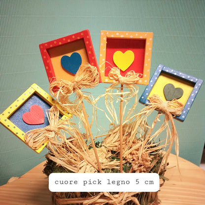 cuori pick per fiori e fioristi San Valentino festa della mamma colorati legno 5 cm vetrinistica confezione regalo packaging