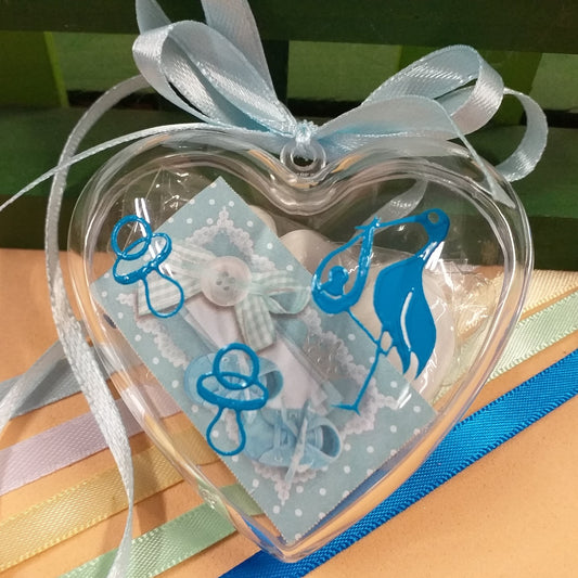scatoline portaconfetti cicogna ciuccio cuori nascita Battesimo bimbo maschietto celeste azzurro bomboniere babyshower e allestimento confettata aprifesta confezionate confetti bigliettino principe