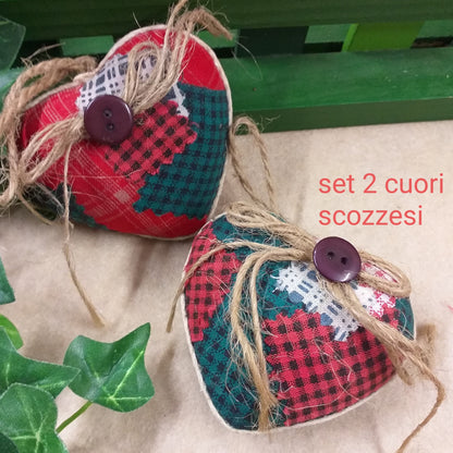 set 2 cuori scozzesi tessuto e juta corda confezione regalo cuoricini san valentino festa della mamma con packaging country eco-friendly