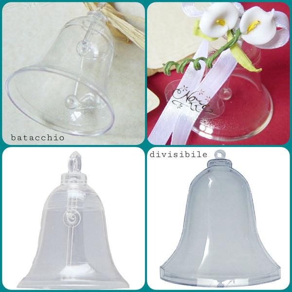 forme per decorazioni di campane apribili divisibili trasparenti plastica plexiglass acrilico e campanelle con batacchio idea creare segnaposto matrimonio tirabaci