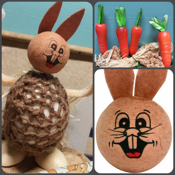 addobbi decorazioni Pasqua fai da te con faccine dipinte disegnate di coniglietti Bunny animaletti mini carote verdura finta artificiale vetrina negozio shop online