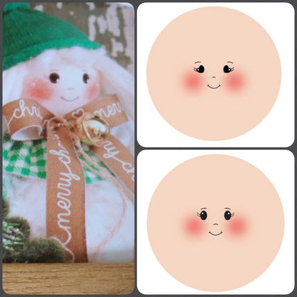 come creare bambola di stoffa Natale angelo di pezza con tessuto maglina faccine stampate 7.5 cm per visi 4 cm disegnate occhi ovali cuoricini