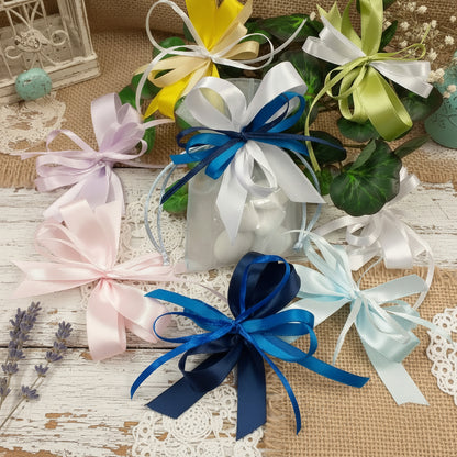 bomboniere assortite bustine organza sacchetti portaconfetti bianchi confezionati 5 confetti bigliettino matrimonio anniversario nozze compleanno cresima comunione battesimo