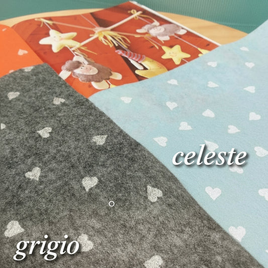grigio celeste cuoricini fantasia pannolenci stampato feltro colori foglio creazioni fiocco nascita fai da te giostrina bambini animaletti pasquali stellina luna