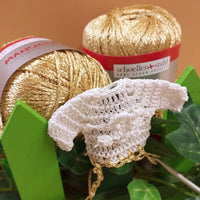 filato metallizzato Manuela Stafil-Schoeller oro lurex lamé dorato per lavori uncinetto maglia filo addobbi albero Natale, idea maglietta miniatura cotone bianco natalizio punto catenella
