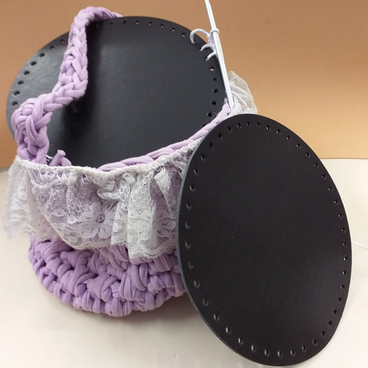 fondi ecopelle colore nero forati rotondi diametro 18 cm uso fai da te borse artigianali fettuccia uncinetto fatte a mano handmade accessori borsette spiaggia estive mare e cestini