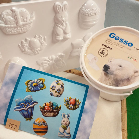 forme stampi di plastica per gesso ceramica fimo cernit paste modellabili sapone cera tema animaletti pasquali coniglietto uova fiori margherite giglio e 1 kg polvere Primo Morocolor