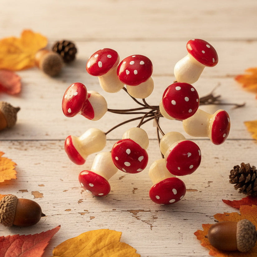 funghi su filo mini verdura finta artificiale decorazioni Natale funghetti uso decorare vetrine casa addobbi fai da te bomboniere hobby creativi