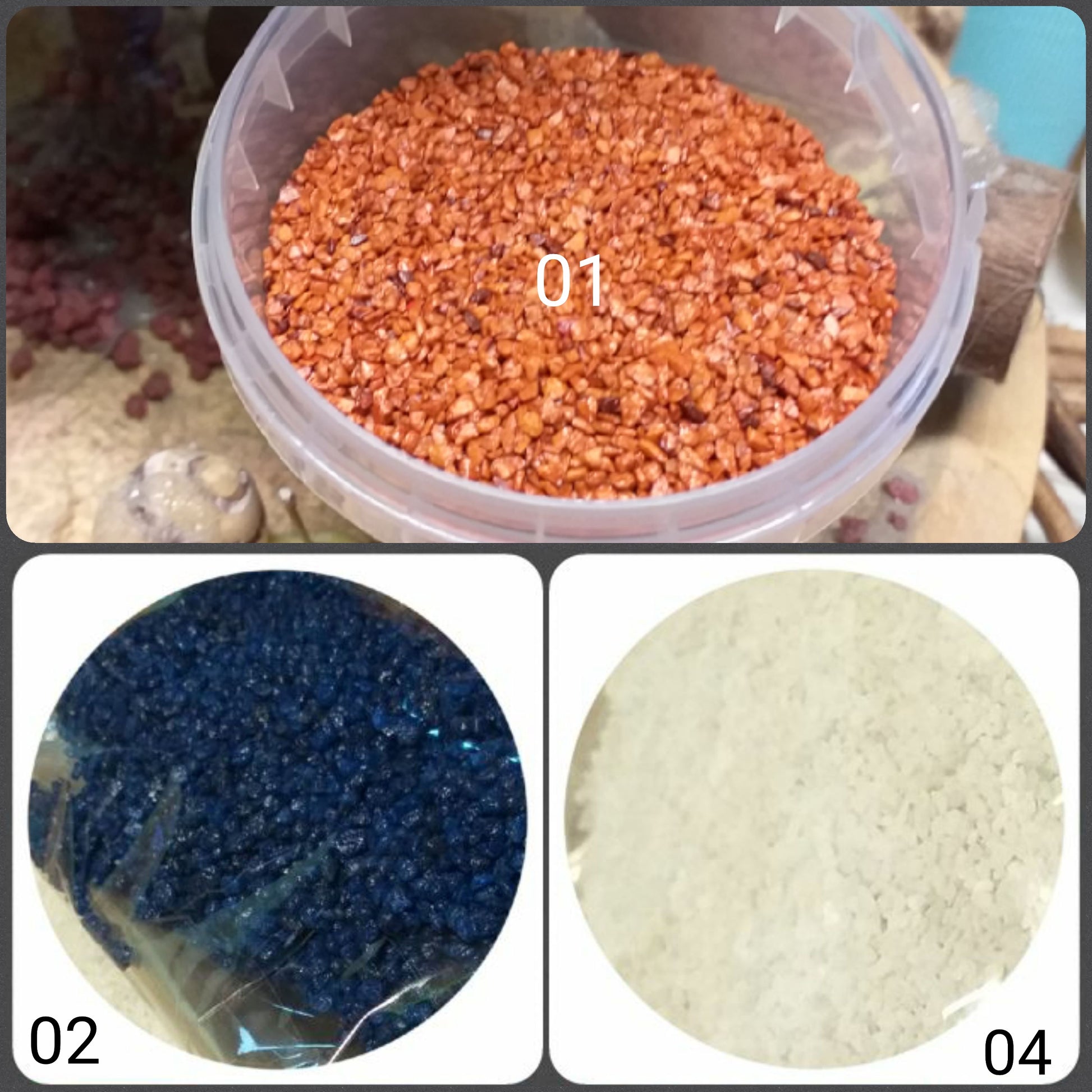 arancio blu bianco sabbia decorativa fioristi ghiaino sassi granulato uso per composizioni fiori natalizi fai da te Natale Presepe candele