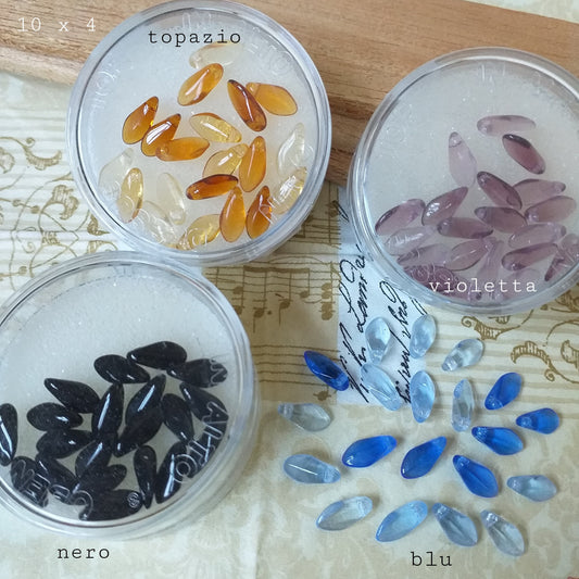 mini gocce perle vetro trasparente 10 x 4 mm topazio violetta nero zaffiro blu uso creare bigiotteria anelli orecchini fai da te gioielli bijoux