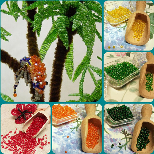 vetrina negozio verdi rosse arancione giallo conteria hobby perline vetro argento natale Stafil vendita a peso, idea fai da te creare palme con pappagalli animaletti di perle