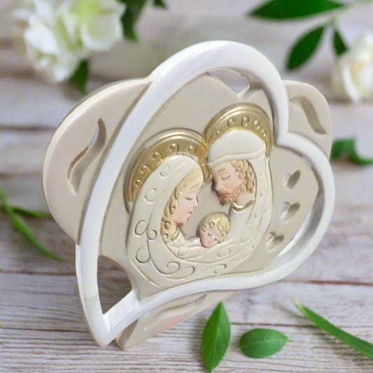 Santa Sacra Famiglia icona religiosa moderna stilizzata Emotion forma doppio cuore 8 cm con cuoricini beige bianco panna colori confezione come bomboniera Battesimo Comunione Cresima matrimonio