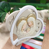 Santa Sacra Famiglia icona religiosa moderna stilizzata Emotion forma doppio cuore 8 cm con cuoricini beige bianco panna colori confezione come bomboniera Battesimo Comunione Cresima matrimonio