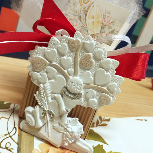 albero della vita cuoricini con simboli Calice spighe uva icona sacra religiosa bomboniere Prima Comunione Santa Cresima confezionata confetti nastro tulle bigliettino