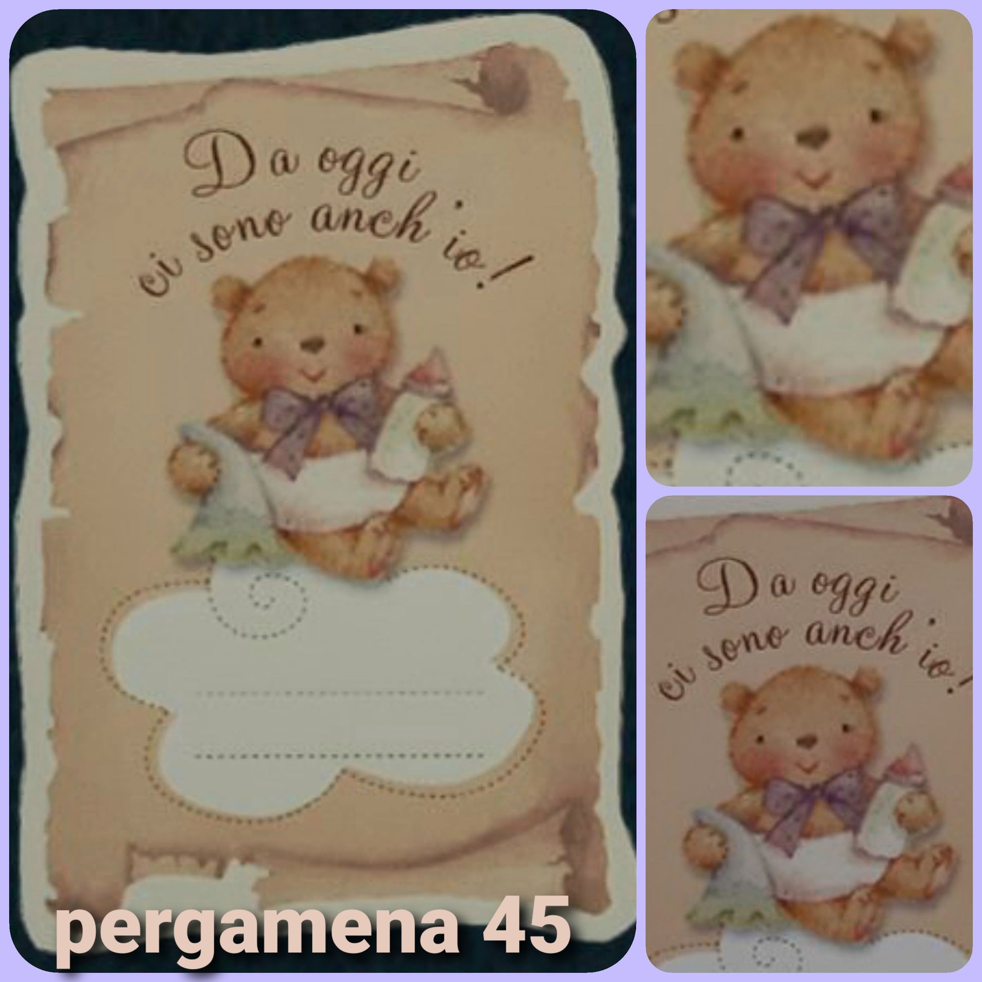 negozio Inviti Battesimo partecipazioni nascita cartoncini biglietti fai da te mini pergamene bimbo e bimba da oggi ci sono anche io, orsetto biberon