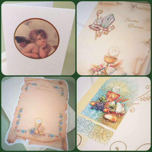 Shop on-line biglietti cartoncini inviti pergamene Prima Comunione Santa Cresima con simboli Calice Spighe uva simboli vescovo da stampare e fai da te