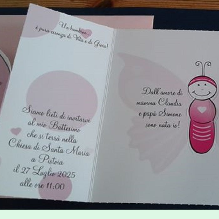 esempio stampa testo inviti battesimo partecipazioni nascita annuncio farfalla biglietto rosa
