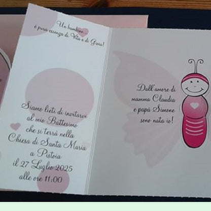 esempio stampa testo inviti battesimo partecipazioni nascita annuncio farfalla biglietto rosa