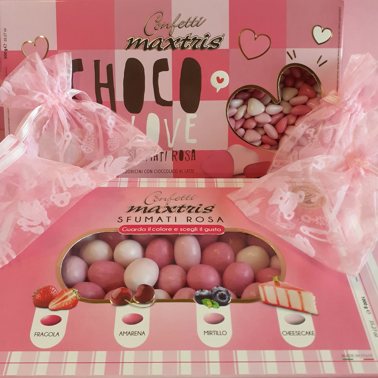 cuoricini Maxtris confetti cioccomandorla sfumati rosa per confettata nascita Battesimo bimba