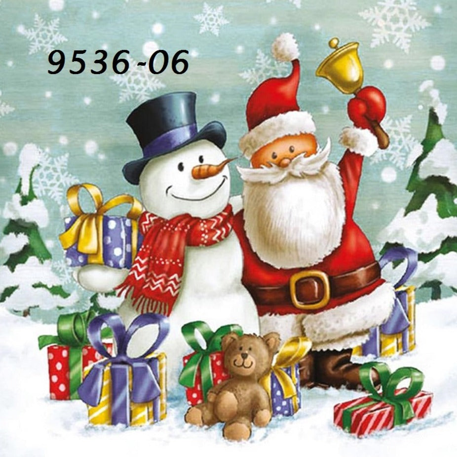 pacchi regalo orsacchiotto sonagli addobbi decorazioni pupazzo neve Babbo Natale paesaggio inverno negozio vendita online tovaglioli di carta per decoupage kit disegni natalizi shabby