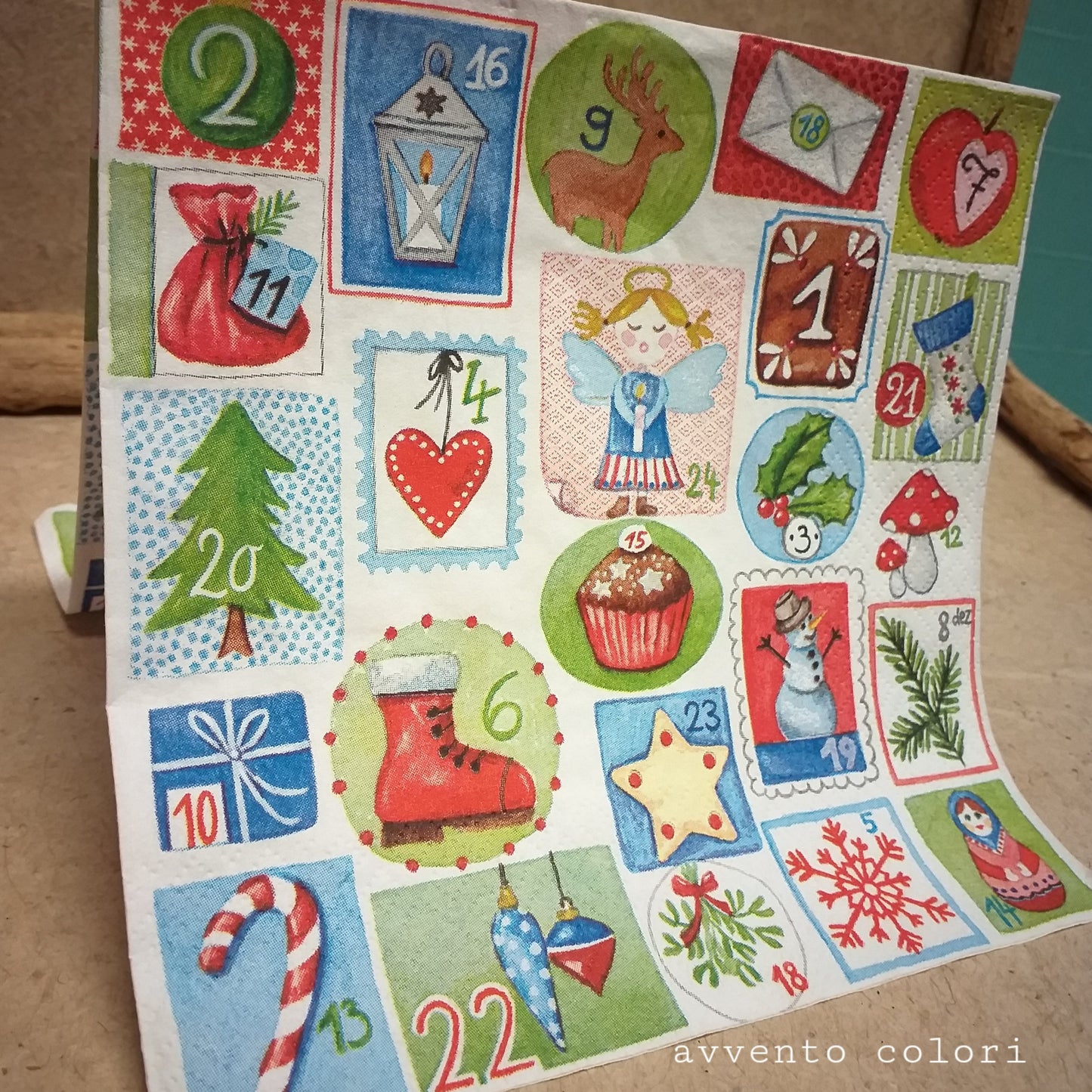 calendario avvento 24 numeri colori addobbi decorazioni negozio vendita online tovaglioli di carta per decoupage kit disegni natalizi shabby stile tag etichette