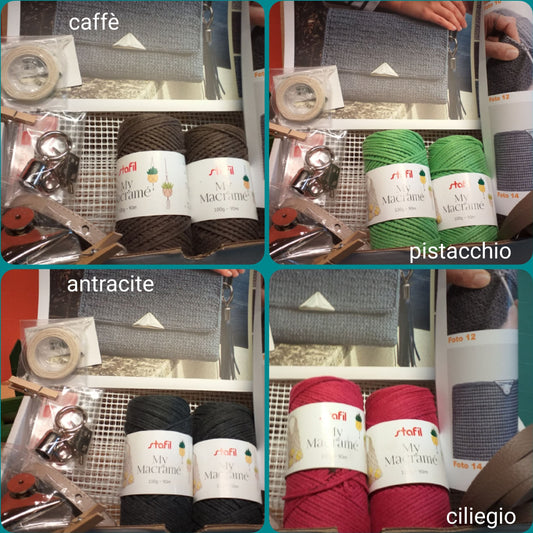 caffè antracite pistacchio ciliegio kit completo borse uncinetto fai da te corda macramè filo cotone cordoncini cordini cerati accessori chiusure tracolla diy bag filato stafil
