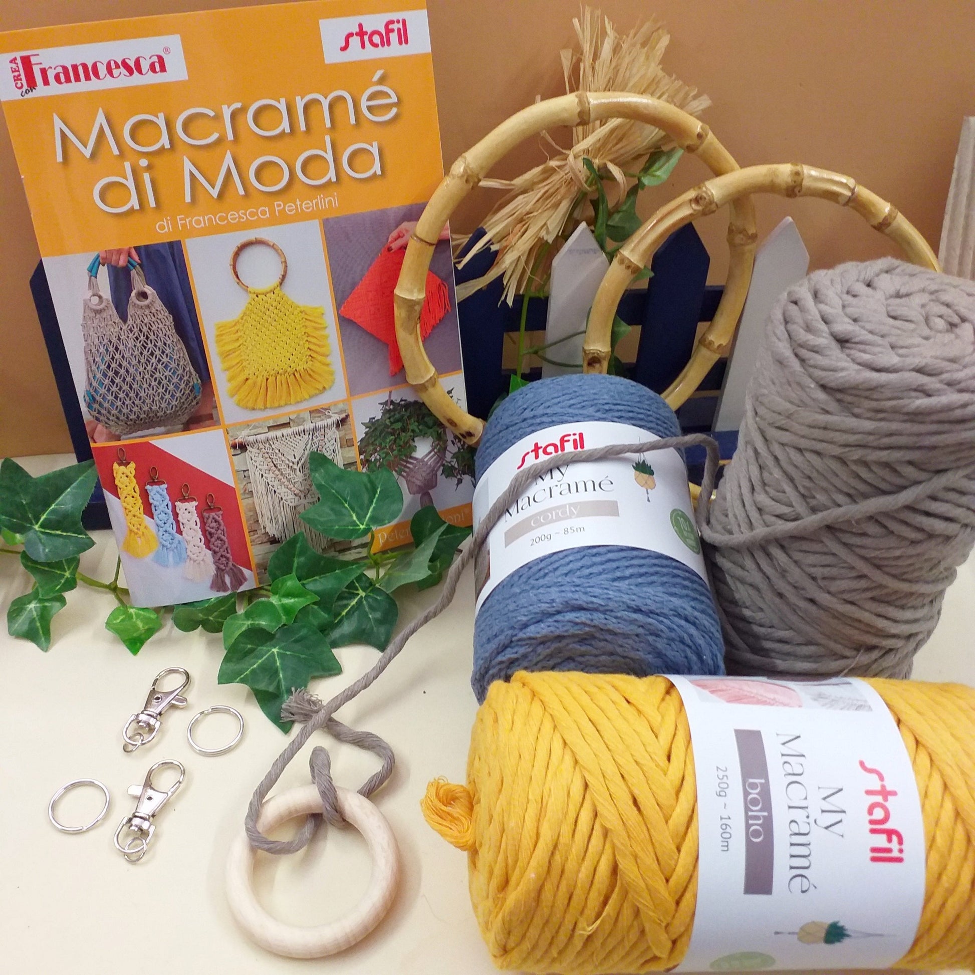 kit manuale macramè nodi corda schemi per borsa rete shopping gialla frange arazzo parete portapianta portachiavi intrecci cordoncino accessori manici bambù