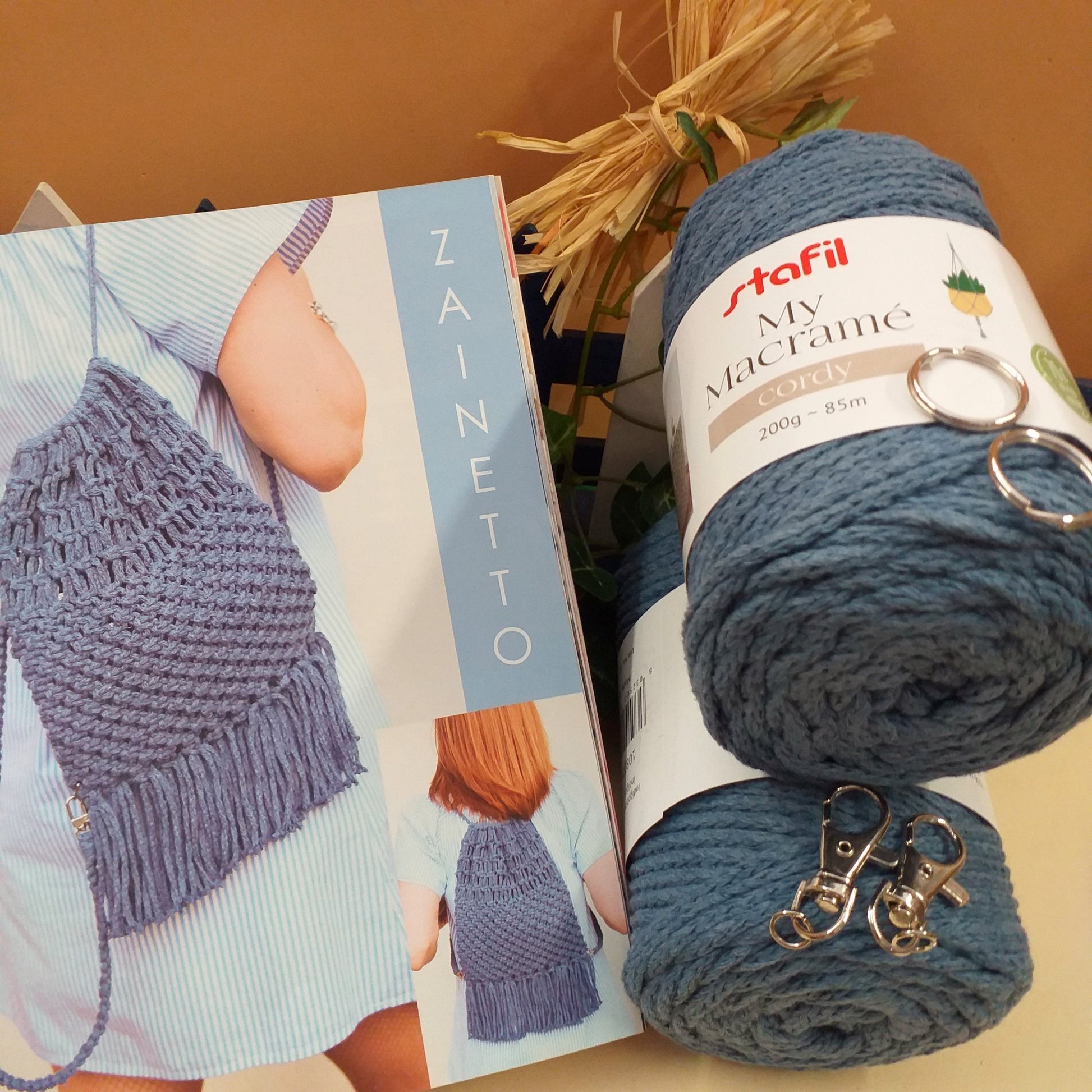 blu indaco zainetto kit manuale macramè nodi corda schemi per borsa rete shopping frange intrecci cordoncino accessori tracolla