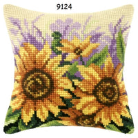 9124 fiori girasoli foglie kit canovaccio tela stampata disegnata colorata fili di lana acrilica per cuscino punto croce da ricamare fondo panna composizioni floreali