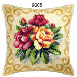 9005 rose foglie kit canovaccio tela stampata disegnata colorata fili di lana acrilica per cuscino punto croce da ricamare fondo panna composizioni floreali