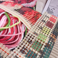 kit canovaccio tela stampata disegnata colorata fili di lana acrilica ago schemi istruzioni per cuscino punto croce da ricamare fondo nero rose