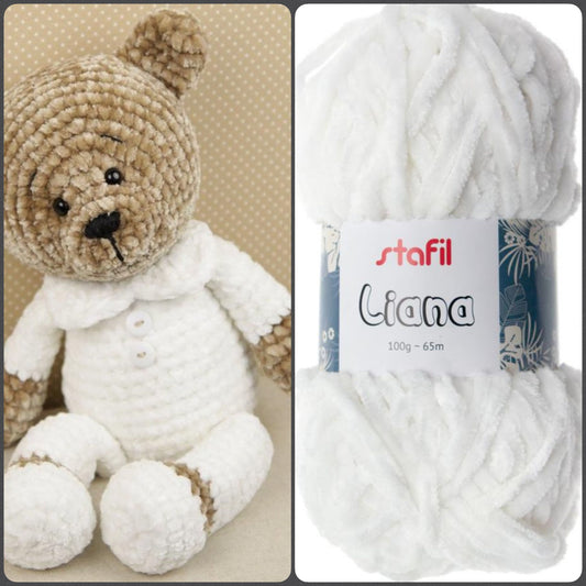 colore bianco lavori a maglia ciniglia lana Stafil Liana gomitolo 100 g 65 metri filato idea schemi uncinetto cartamodelli pupazzo amigurumi orsacchiotto bambola