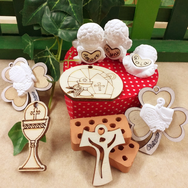 Bomboniera Santa Cresima in vasetti miele, decorazione TAO in legno