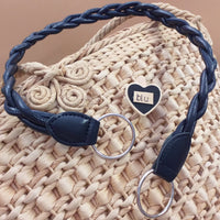 blu scuro manici borse ecopelle intrecciati con accessori di chiusura gancio anello uso per lavorazione artigianale fatte a mano uncinetto di fettuccia corda rafia macramè